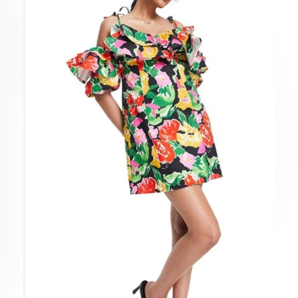 Topshop Floral Mini Dress - Black, Red, Yellow, Green